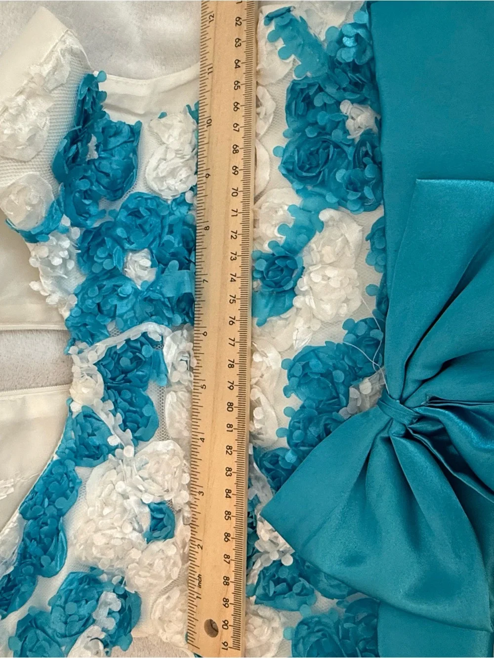 White Floral Appliqué Party Dress with Teal Satin Bow for Girls